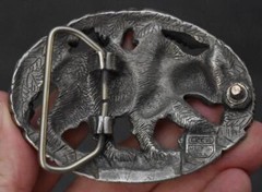 HANDSOME C 1995 SIGNED EJC GRIZZLY BEAR CUT OUT MOTIF PEWTER WESTERN BELT BUCKLE