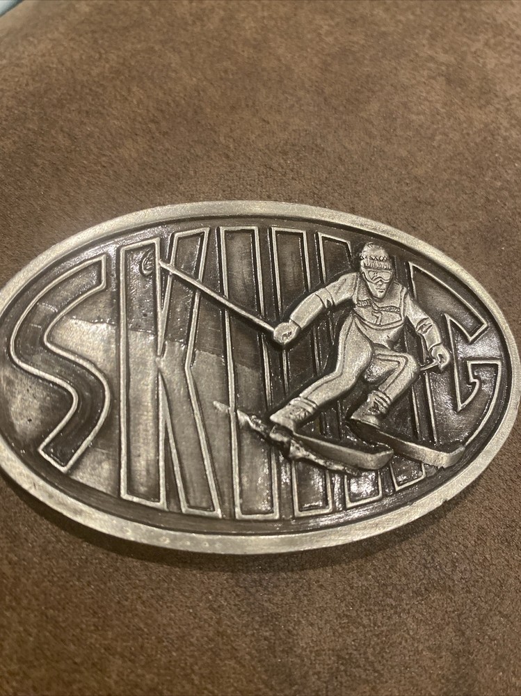 Vintage 1976 Metal Belt Buckle, Skiing, Snow, Cross Country, Sports, Nice Wester