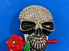 Multi Rhinestones Make Up Skull Holding Red Rose In Teeth! Belt Buckle