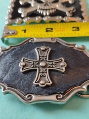 Silver Tone Black Enamel Leather Goth Gothic Belt Buckle Set Cross Skull