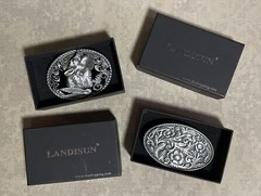Set of 2 Landsun Western Belt Buckles, Howling Wolf And Floral Design NWB