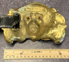 CHRISTOPHER ROSS LION HEAD 1984 GLASS EYES BUCKLE & BLACK BELT 24kt GOLD PLATED