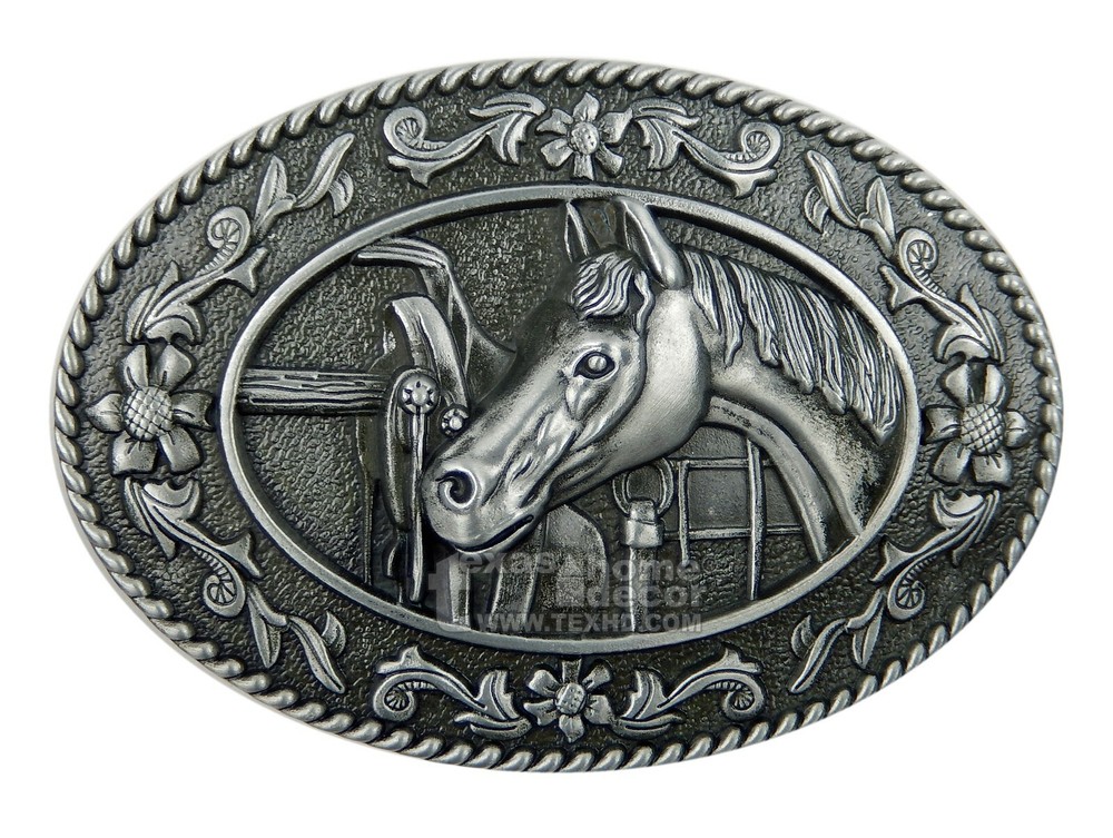Women&rsquo;s Western Horse Head Belt Buckle Floral Antique Silver Tone Fits 1.5&Prime; Belt