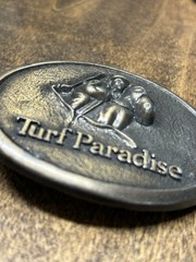 Vintage Turf Paradise Belt Buckle Horse Jockey Racing Equestrian Metal Western