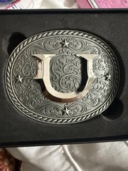 Men&rsquo;s Silver Tone Oval Western Belt Buckle Letter U Scrollwork Metal