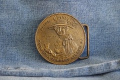 Coca Cola Belt Buckle vtg brass woman soda fountain Atlanta Ga 70&rsquo;s round soda