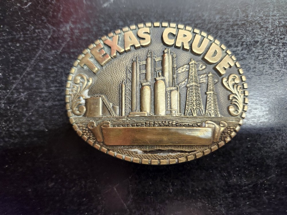AWARD DESIGN MEDALS TEXAS CRUDE Belt Buckle Solid Brass Western Oilfield