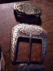 3 pcs Engraved Star Burst & Western Cowboy designs Belt Buckles & Slide Lock
