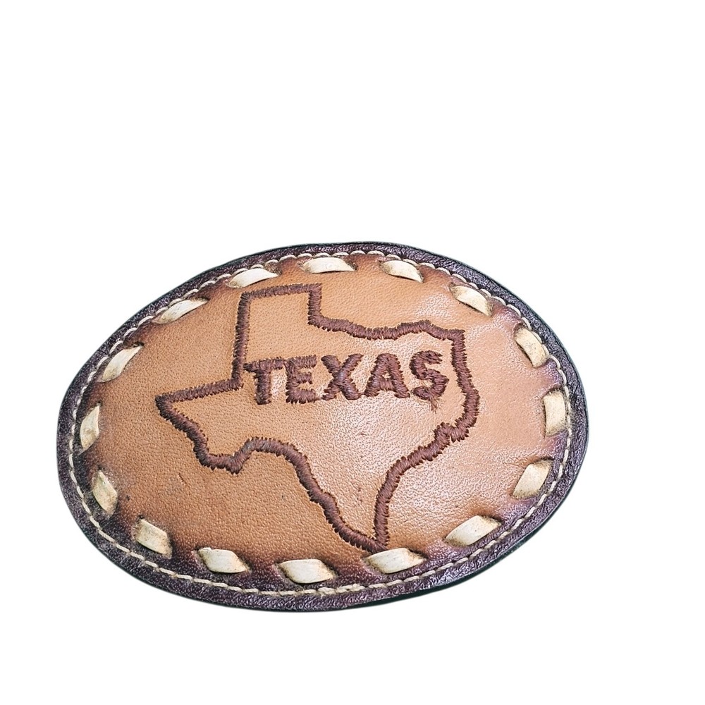Texas Embroidered Leather Belt Buckle Brown Oval