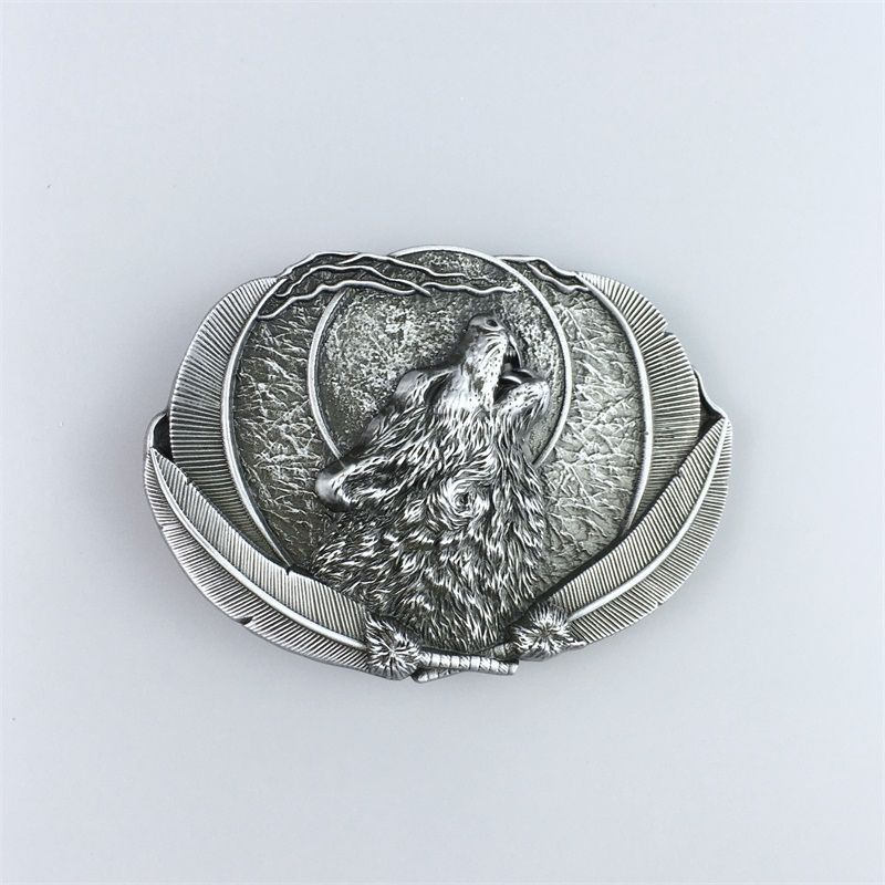 Western Howling Wolf Moon Brushed Silver Metal Fashion Belt Buckle