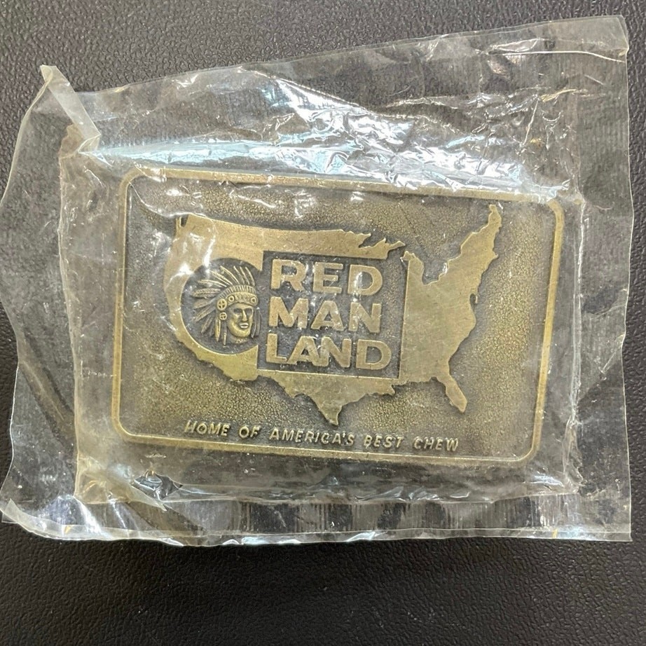 Vintage Red Man Land Belt Buckle Brass Tone Tobacco Advertising Americana USA