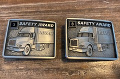 2 Vtg Ruan Semi Trucking Pewter Belt Buckle Made in USA 3 & 8 Year Safety Award