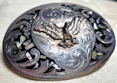 Vintage Alpaca Mexico Eagle Abalone Shell Mother Pearl Inlay Belt Buckle