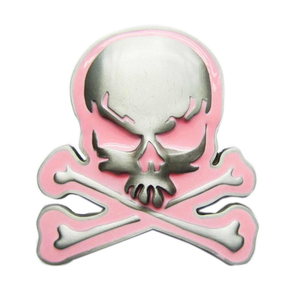 Skull w/ Bones Pink Enamel Metal Belt Buckle
