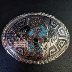 Handcrafted Arizona Faux Turquoise Chip Inlay Wolf Belt Buckle Silver Tone