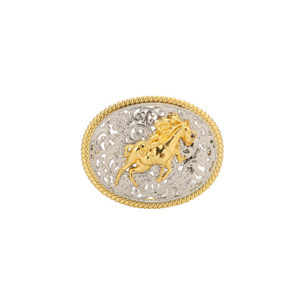 1-1/2&Prime; Oval Two-Tone Filigree Western Buckle with Horse and Rider. 3-5/8&Prime; x 2-15