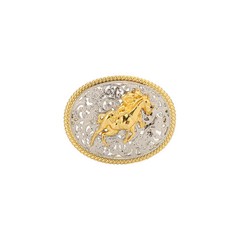 1-1/2&Prime; Oval Two-Tone Filigree Western Buckle with Horse and Rider. 3-5/8&Prime; x 2-15