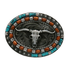 Men Dark Silver Metal Belt Buckle Western Texas Bull Long Horn Brown Turquoise