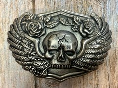 Skull with Wings Roses Halloween Gothic Punk Biker Vibe Silver Tone Belt Buckle