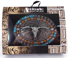 NIB Montana Silversmiths Attitude Steer Skull w/Faux Turquoise/Gemstone Buckle