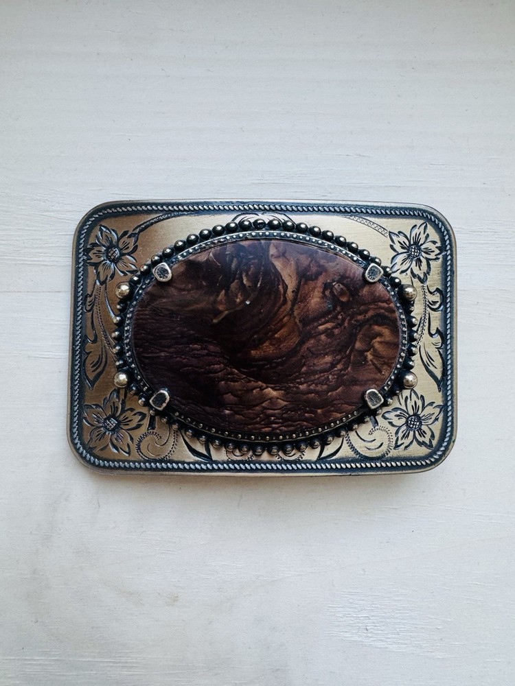 Vintage Belt Buckle Natural Polished Stone Center Quality Piece/ Cowboy Buckle