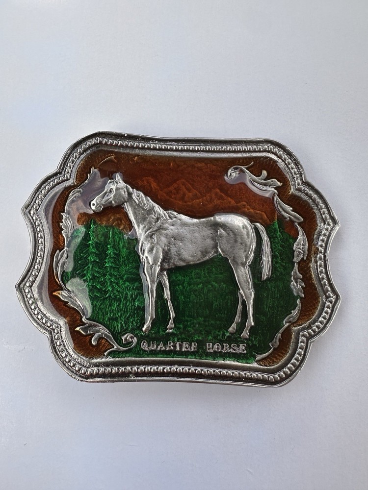 Quarter Horse Belt Buckle Brown & Green Enamel Silver Tone Riding Equestrian