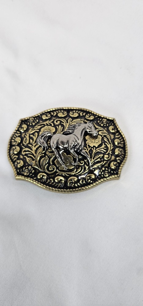 Western Silver Horse Belt Buckle Gold Tone Black Enamel Cowboy Rodeo 3in