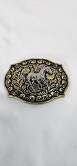 Western Silver Horse Belt Buckle Gold Tone Black Enamel Cowboy Rodeo 3in