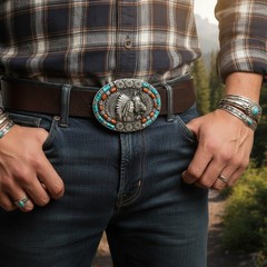 Men Silver Metal Buckle Western Native Indian Warrior Horse Eagle Feather Wing