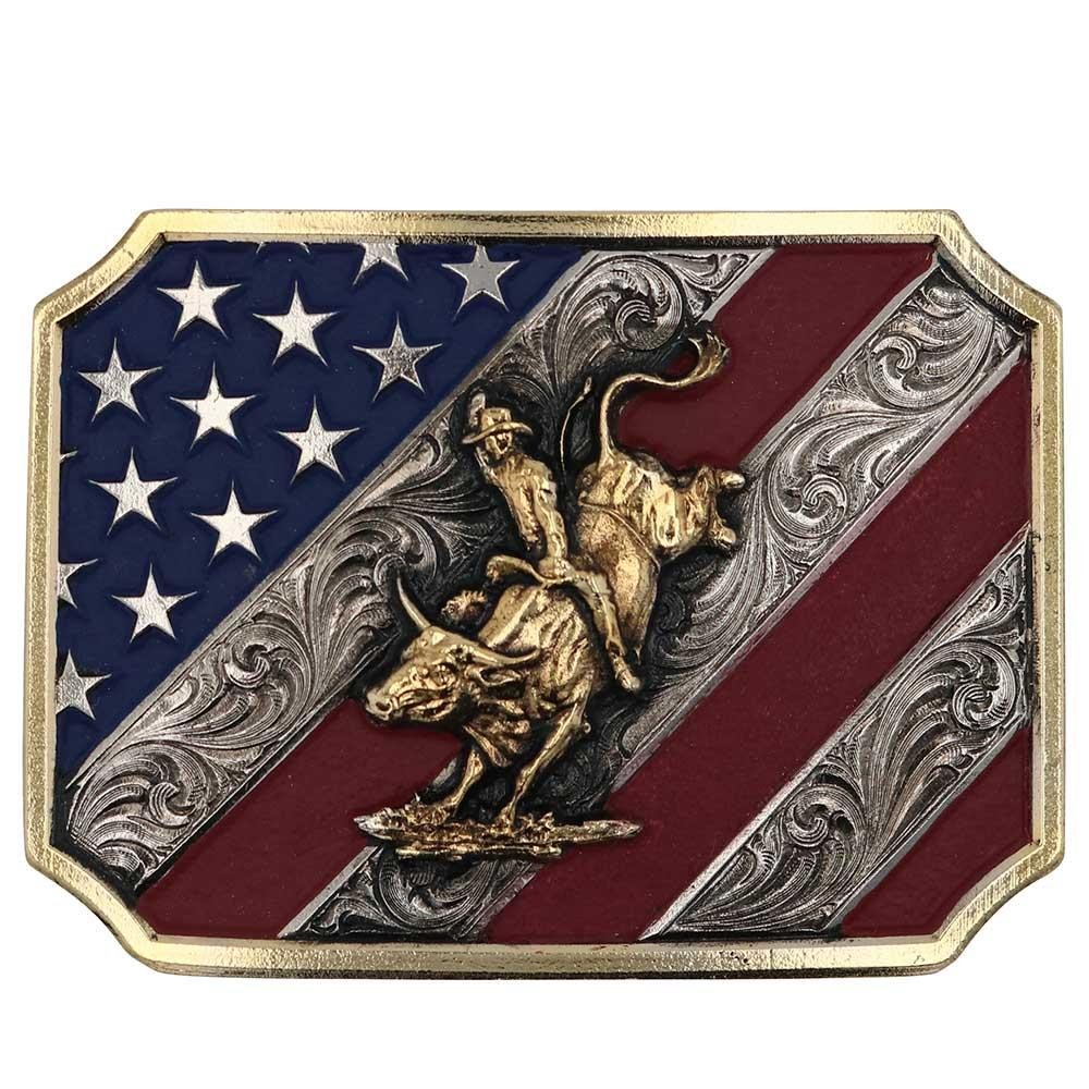 Montana Silversmiths Attitude Patriot Bull Rider Flag Western Belt Buckle