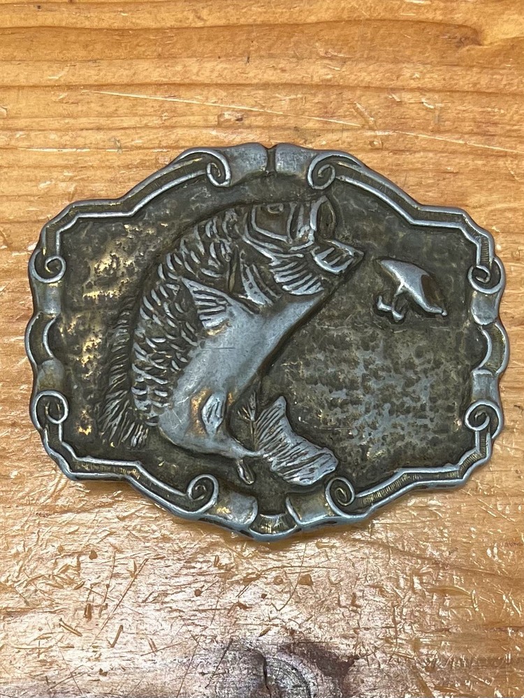 VTG 1977 Bergamot Brass Works Bass Fish Fishing Belt Buckle Made in USA 4×3”