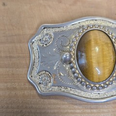 Vintage Silver Metal Belt Buckle With Tiger&rsquo;s Eye Floral/Swirl Design For 1&Prime;Belt