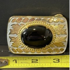 Vintage Western Belt Buckle Gold Silver Tone Black Onyx Cabochon Mixed Metal