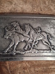 Vintage Belt Buckle Western Steer Wrestling Cowboy Rodeo Pressed 70s