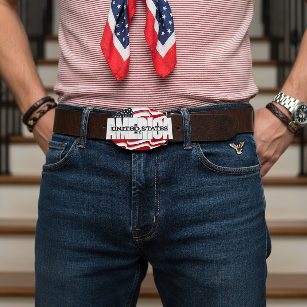 Men Women Belt Buckle Silver Metal USA Flag United States America Red White Blue