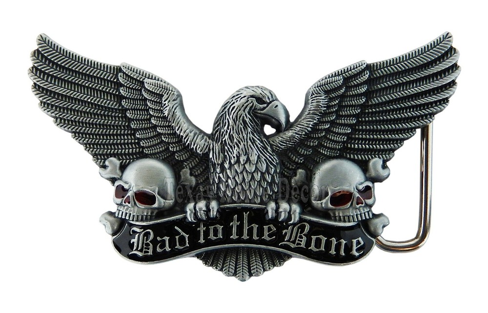 Eagle Skull Belt Buckle Biker Freedom Bad to the Bone Silver Fits 1.5&Prime; Belt