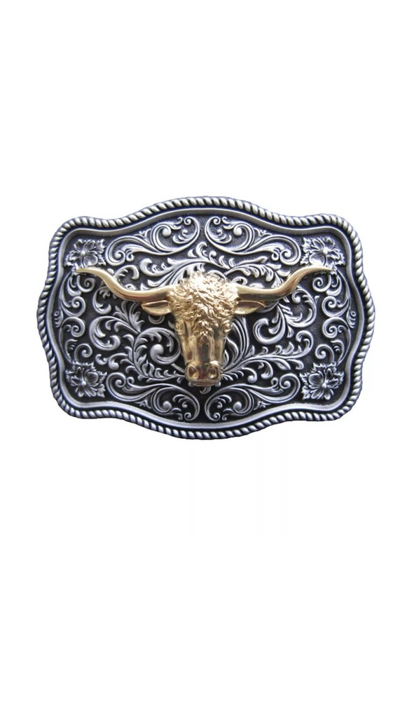Western Flower Pattern Longhorn Bull Metal Belt Buckle