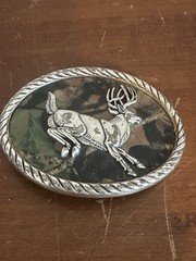 Nocona Belt Buckle Camo Running Deer Rope Edge Silver Tone Oval Leaping Elk