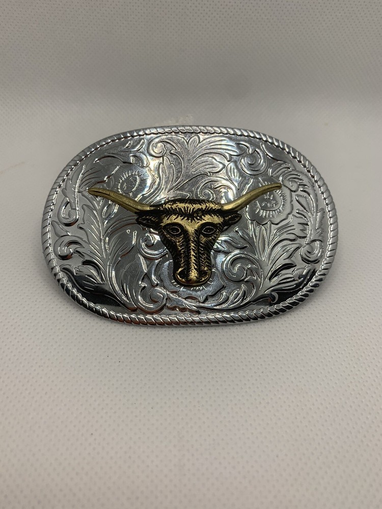 Silver And Gold Toned Longhorn Steer Cattle Belt Buckle Cowboy Cowgirl