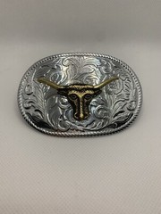 Silver And Gold Toned Longhorn Steer Cattle Belt Buckle Cowboy Cowgirl