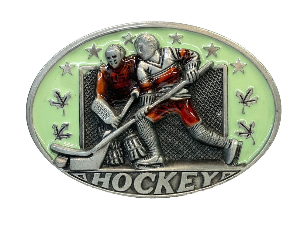 Hockey Players Belt Buckle Pewter & Epoxy 3.5”x 2.25” Fits Belts Up To 1.75” i