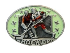 Hockey Players Belt Buckle Pewter & Epoxy 3.5”x 2.25” Fits Belts Up To 1.75” i