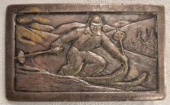 Vintage Justin Belt Co. Silver-Tone Buckle With Skier On Front – Fort Worth TX