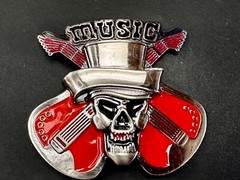 MUSIC Skull in Fedora Hat Crossed Electric Guitars Musician Rockstar Belt Buckle