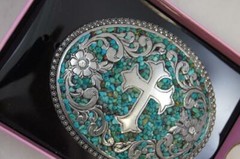 Nocona Belt Buckle Oval Cross with Turquoise Belt Buckle M & F Western 37914