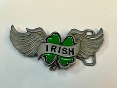 Irish Lucky Four 4 Leaf Clover W/ Wings Cutout Green & Silver Belt Buckle