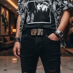 NEW Men Silver Metal Rap Buckle Hip Hop Street Fashion Club 100$ Bill Money Hood