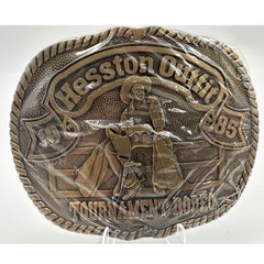 Hesston 1985 Tournament Rodeo Belt Buckle Vintage NFR Collectible Bronze Tone
