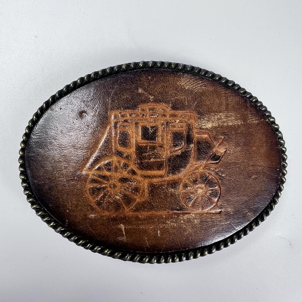 Vintage Western Stagecoach Belt Buckle Tooled Leather Brass Oval Cowboy