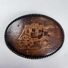 Vintage Western Stagecoach Belt Buckle Tooled Leather Brass Oval Cowboy